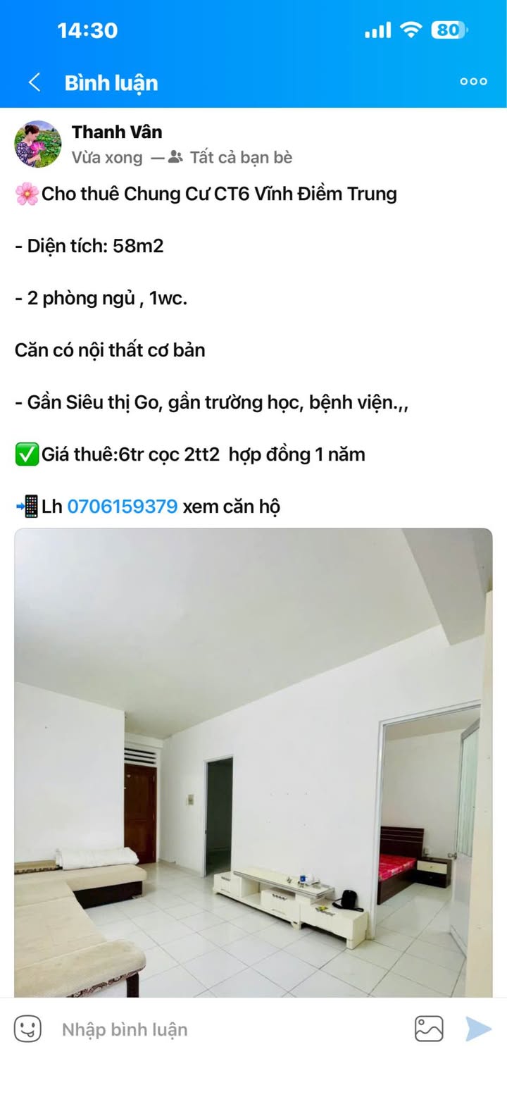 Căn hộ CT6 Vĩnh Điềm Trung 58m² 6 triệu - Bàn giao ngay