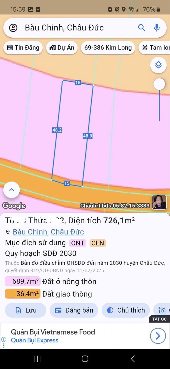Đất nền Bàu Chinh, Châu Đức 726m² - Đất thổ cư 100%!