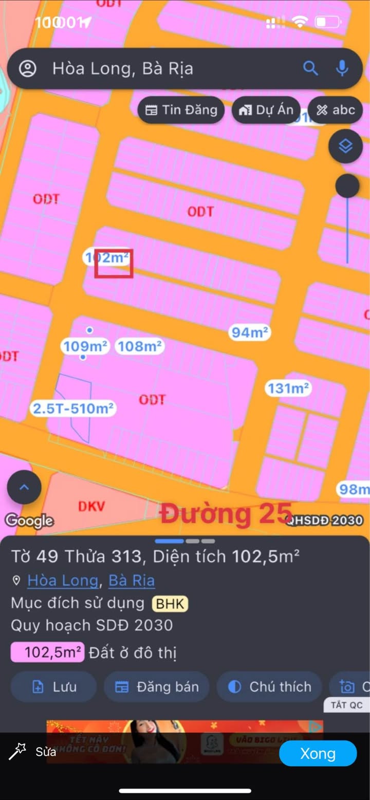 Đất nền Đường 25, Bà Rịa 102m² - Sổ đỏ sẵn, full thổ cư