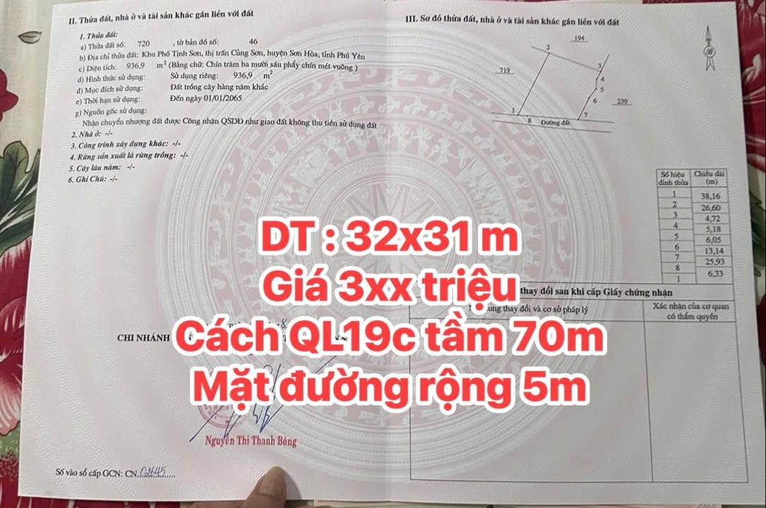Đất Vàng 992m² Sổ Hồng Thổ Cư - Thị Trấn Củng Sơn, Sơn Hòa