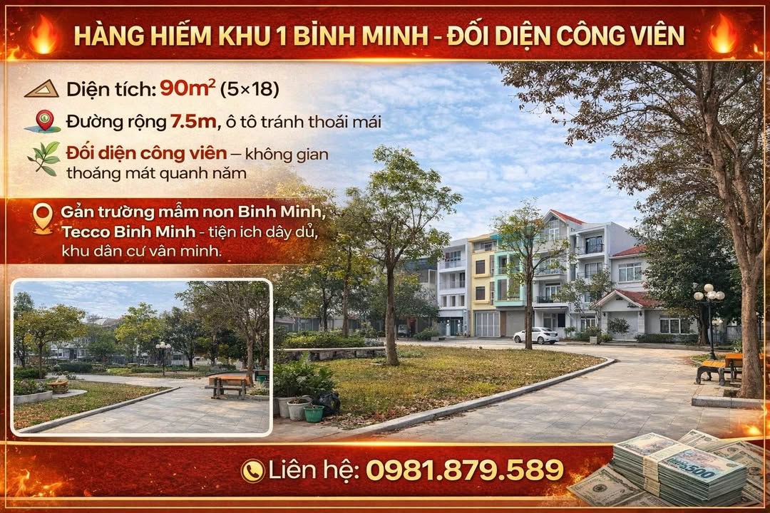 Đất nền Bình Minh 90m² - View công viên, ô tô tránh, giá tốt