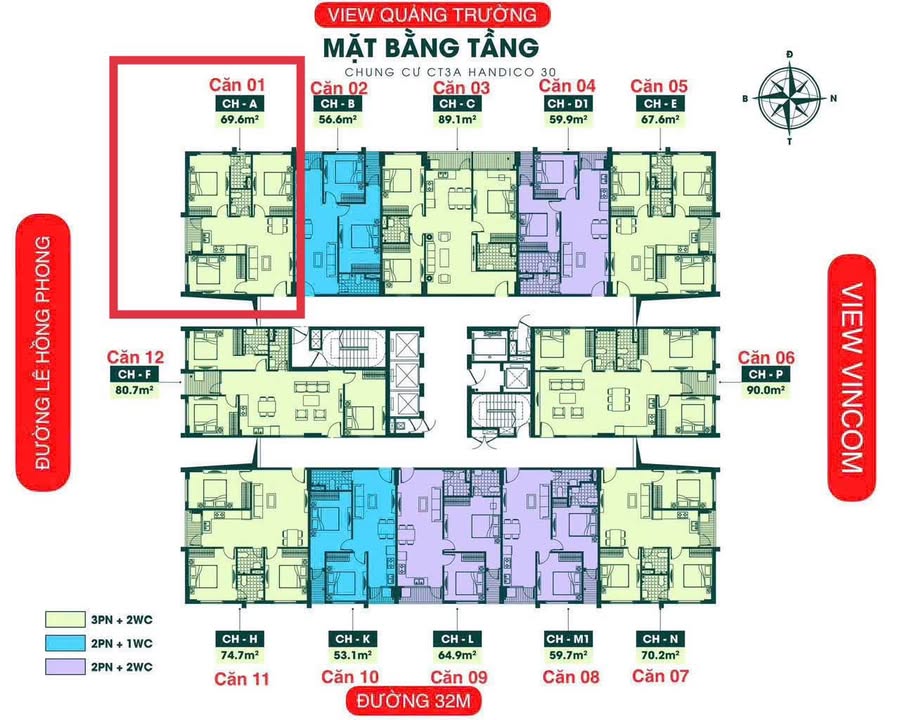 Căn hộ Handico Lê Hồng Phong 70m² 3,34 tỷ - View đẹp