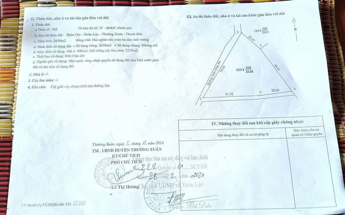 Đất nền Thường Xuân 2638m² - Sổ đỏ thổ cư, bám mặt đường 74m