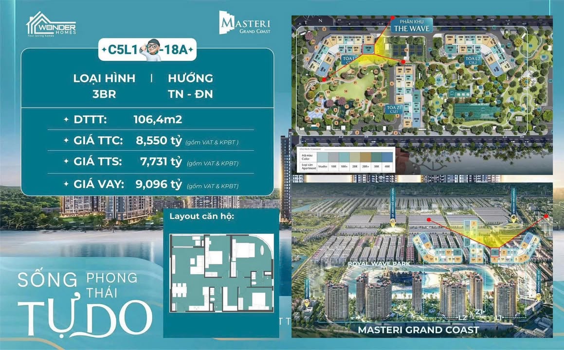 Căn hộ Masteri Grand Coast Đông Hội 106m² 7.731 tỷ - View đẹp