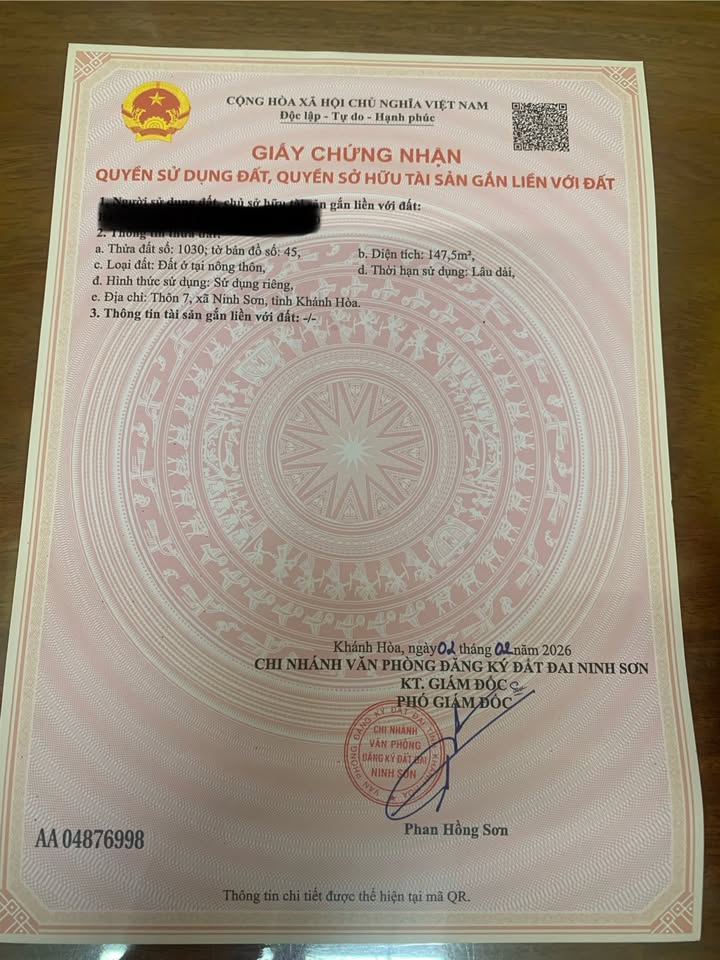 Bán Đất Thổ Cư Ninh Sơn 147.5m² - Sổ Đỏ Chính Chủ, Gần TT 500m