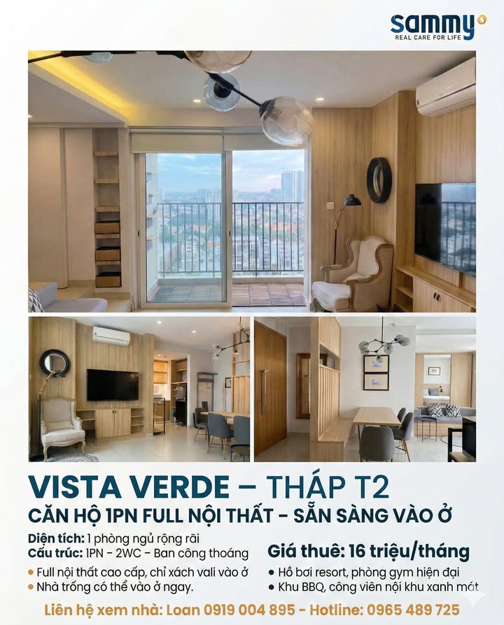 Cho thuê căn hộ Vista Verde 1PN 16tr - Full nội thất, dọn vào ở ngay