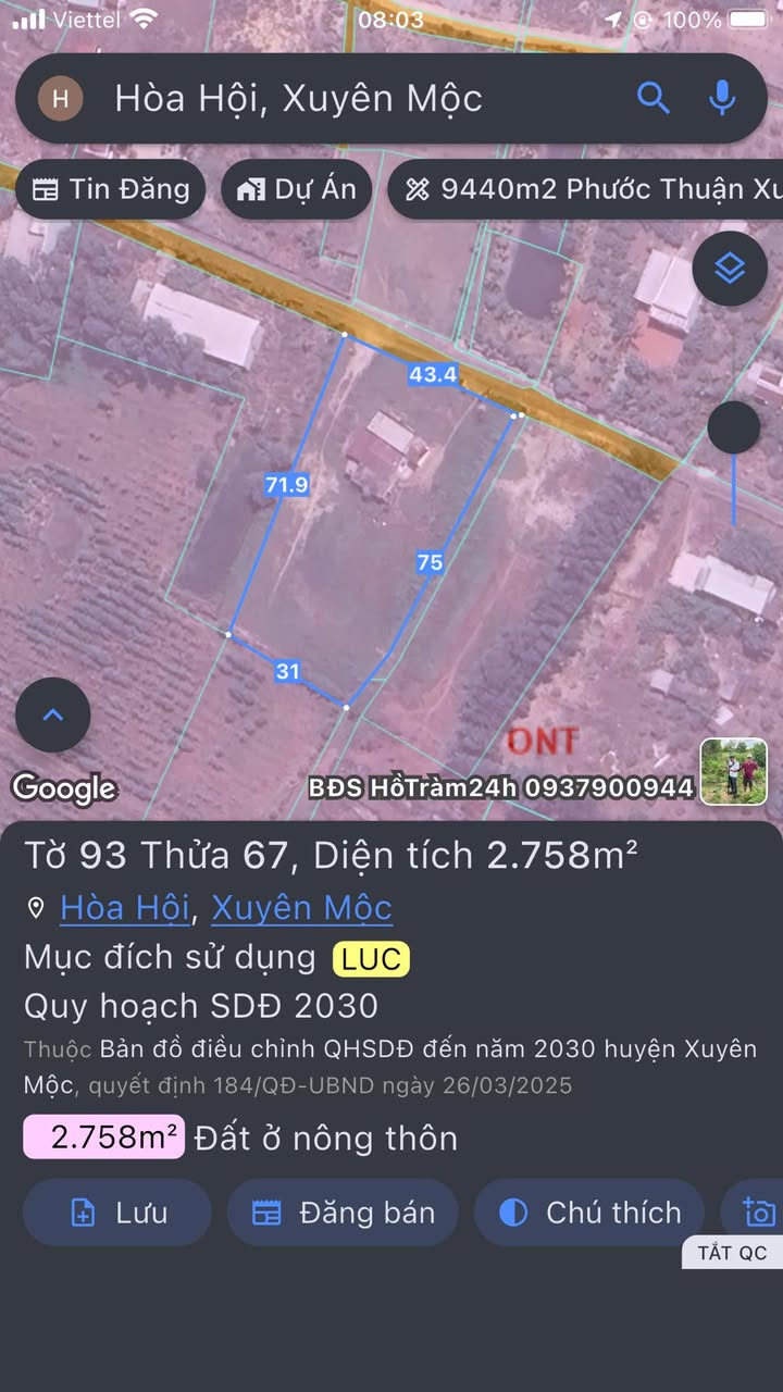 Đất nền Hòa Hội Xuyên Mộc 2.758m² 3.7 tỷ - Sổ đỏ chính chủ