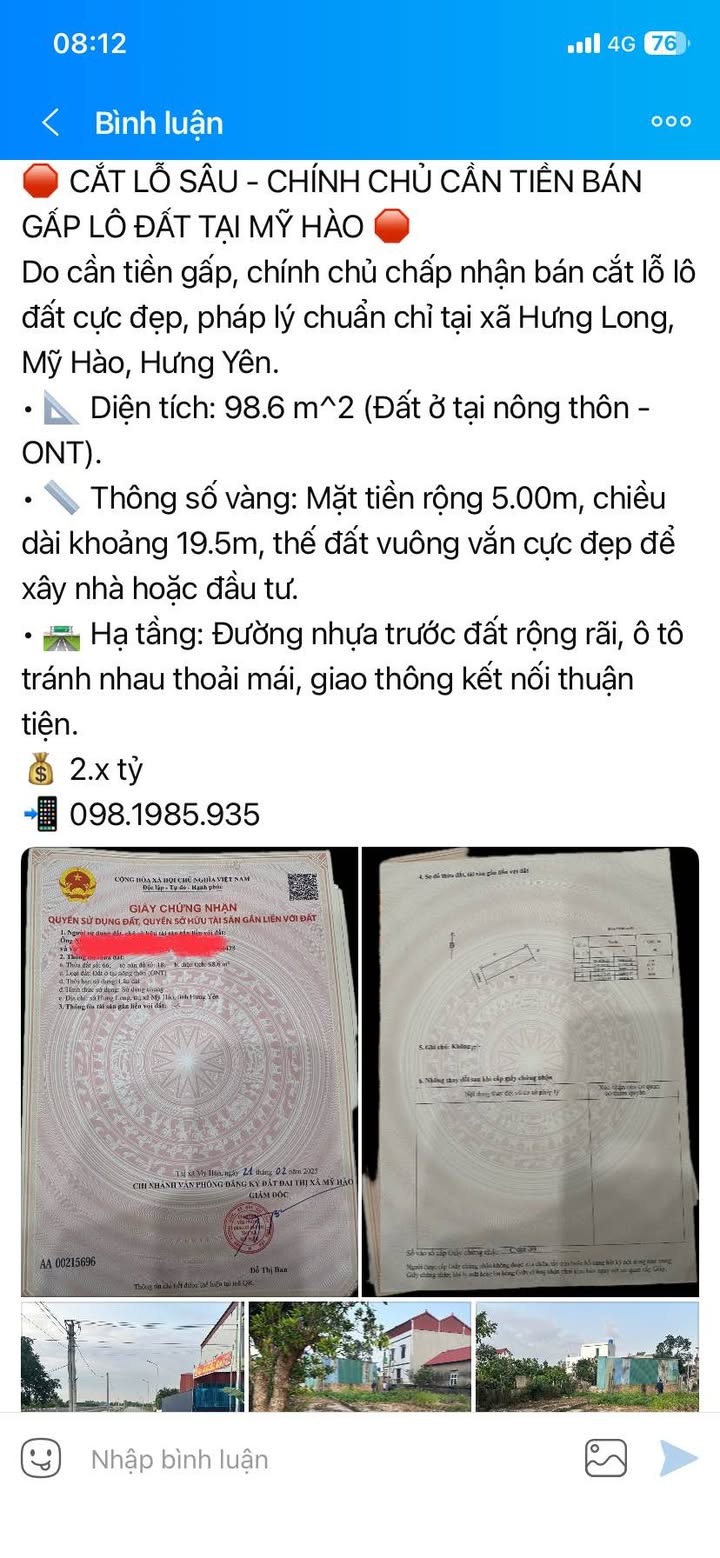 Đất nền Hưng Long Mỹ Hào 99m² giá 2 tỷ - Sổ đỏ chính chủ