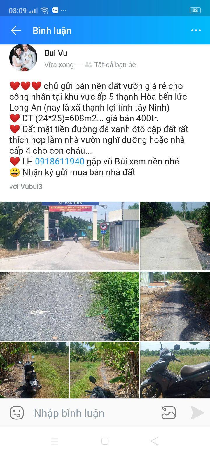 Đất vườn Thạnh Hòa Bến Lức 608m² 400 triệu - Nghỉ dưỡng