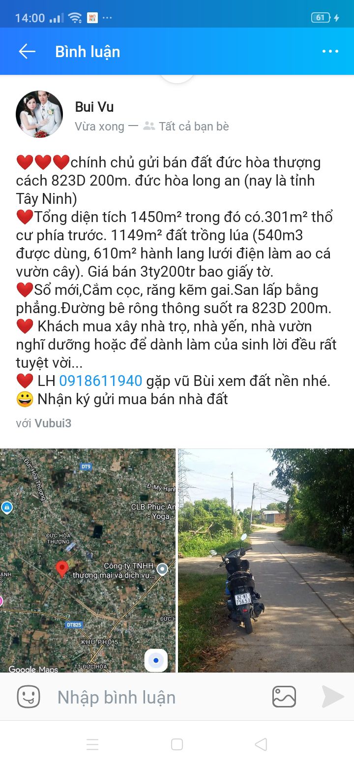 Đất nền Đức Hòa Thượng 1450m² 3,2 tỷ - Sổ đỏ chính chủ