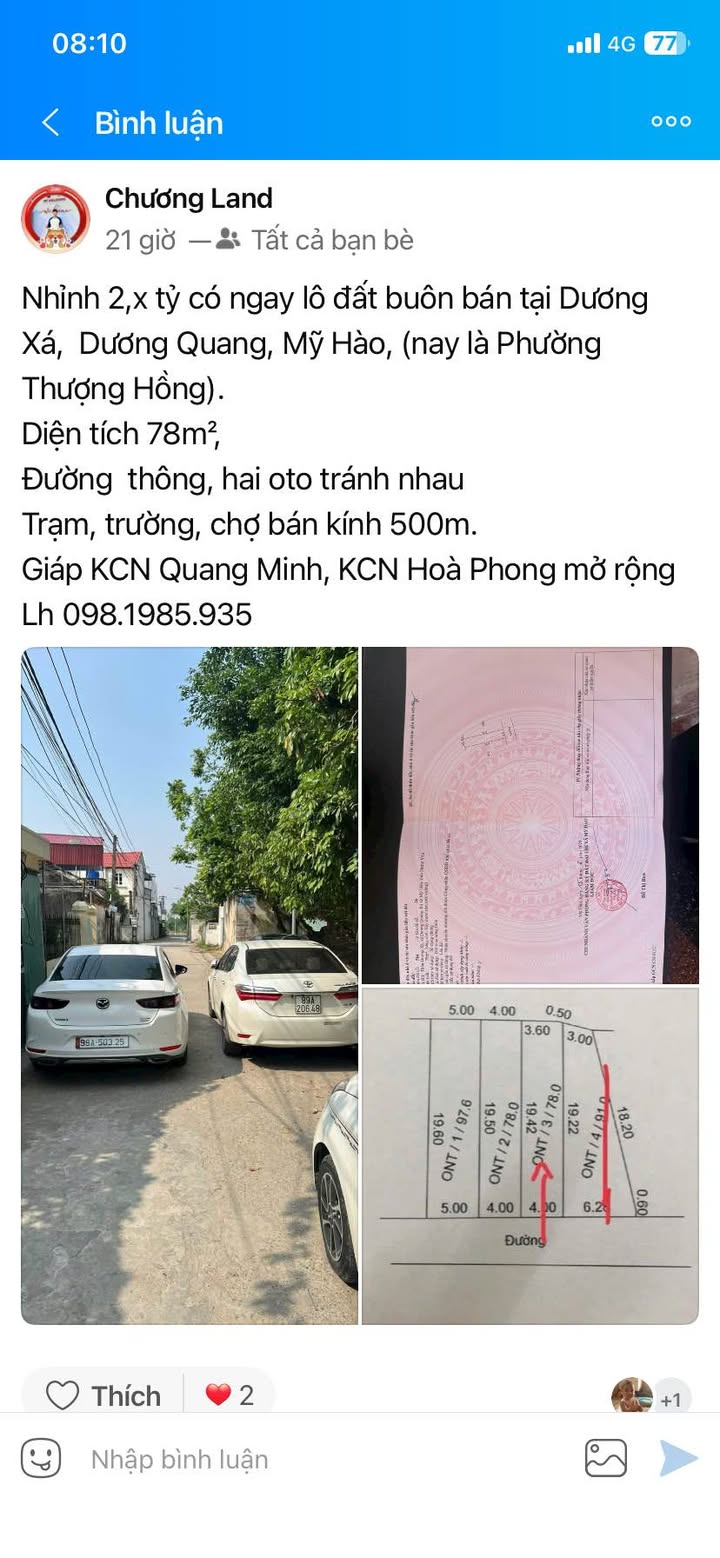 Đất nền Dương Xá Mỹ Hào 78m² giá 2 tỷ - Đường ô tô