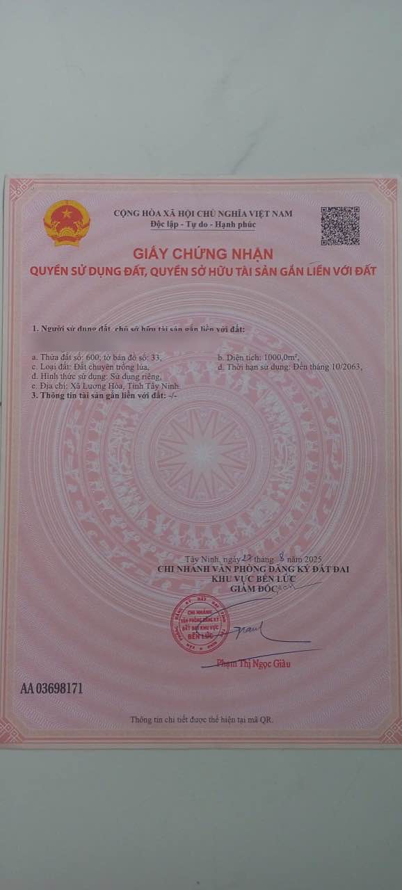 Đất lúa Lương Hòa Bến Lức 1000m² 650 triệu - Sổ đỏ chính chủ