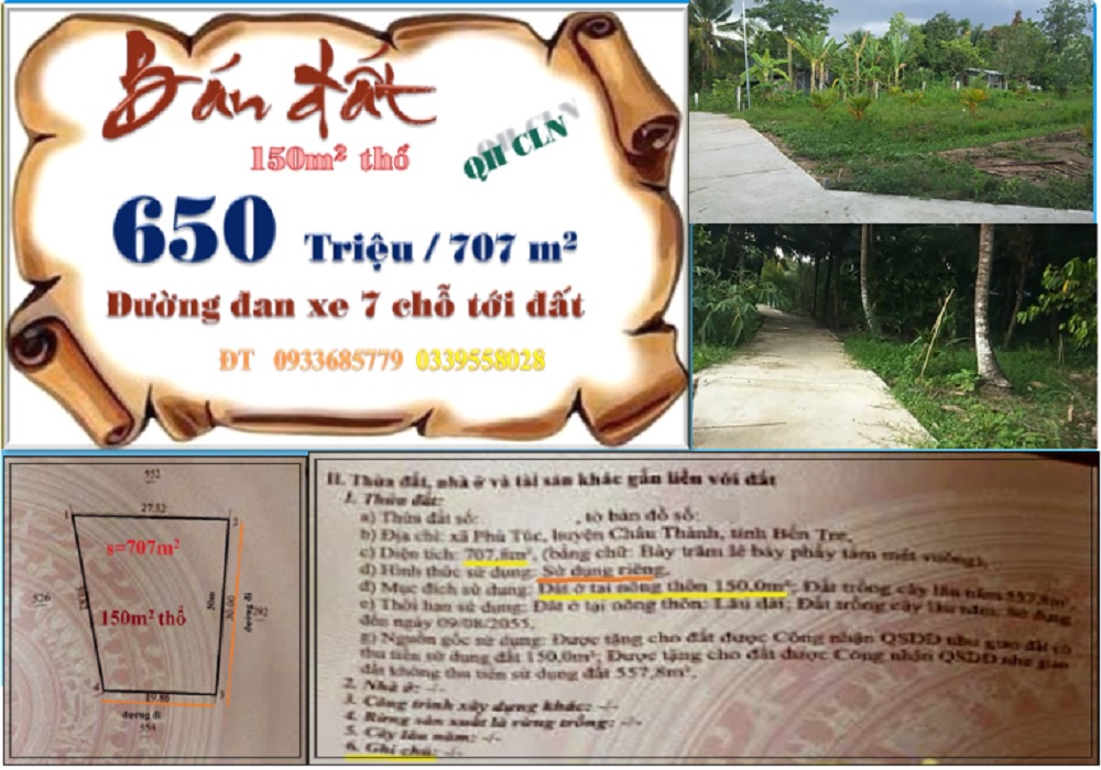 Đất Phú Túc Châu Thành 708m² 650tr - Sổ đỏ chính chủ