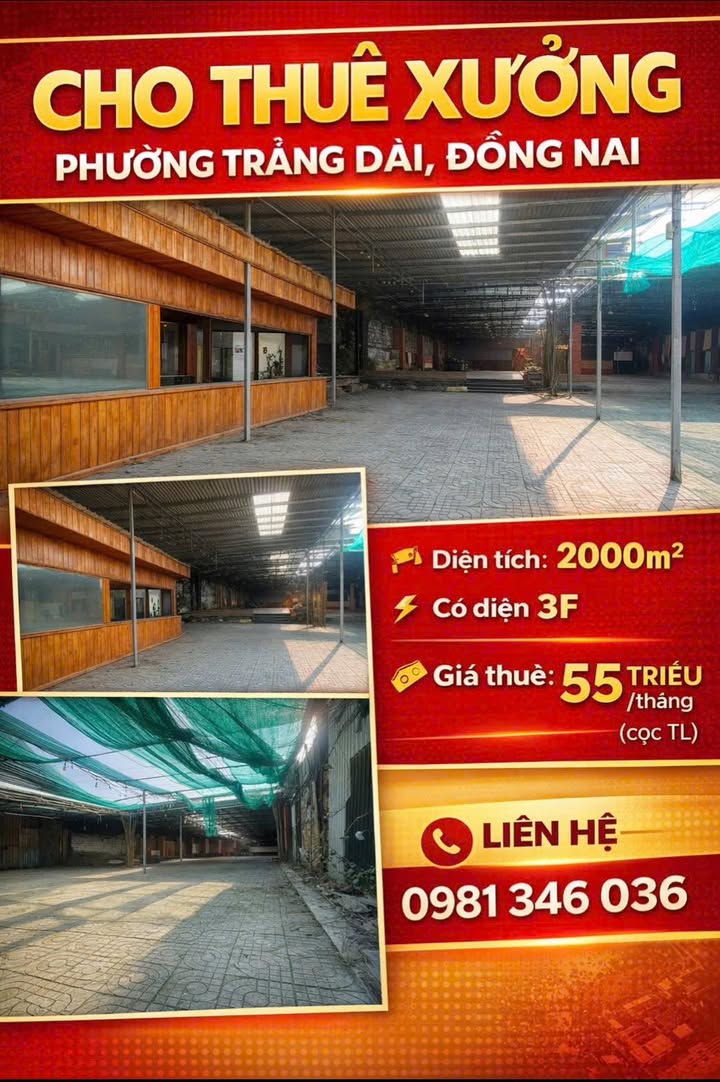 Kho xưởng Trảng Dài 2000m² giá 55 triệu - Hoạt động ngay