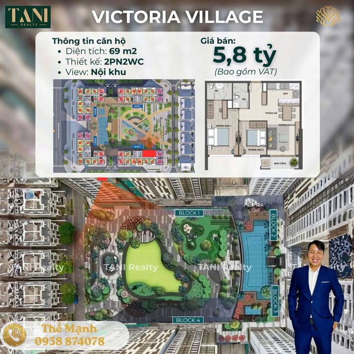 Căn hộ Victoria Village Bến Lức 69m² 5,75 tỷ - View đẹp