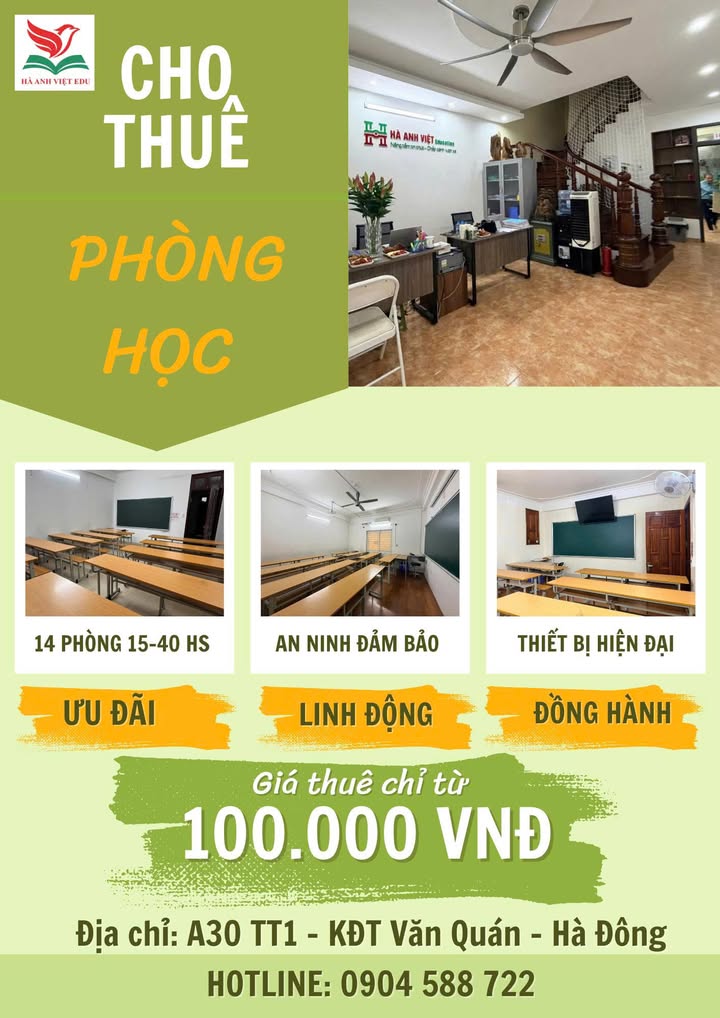 Phòng học cho thuê Văn Quán Hà Đông 15-40hs - Hoạt động ngay