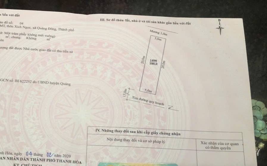 Đất Quảng Đông Quảng Xương 100m² sổ đỏ chính chủ
