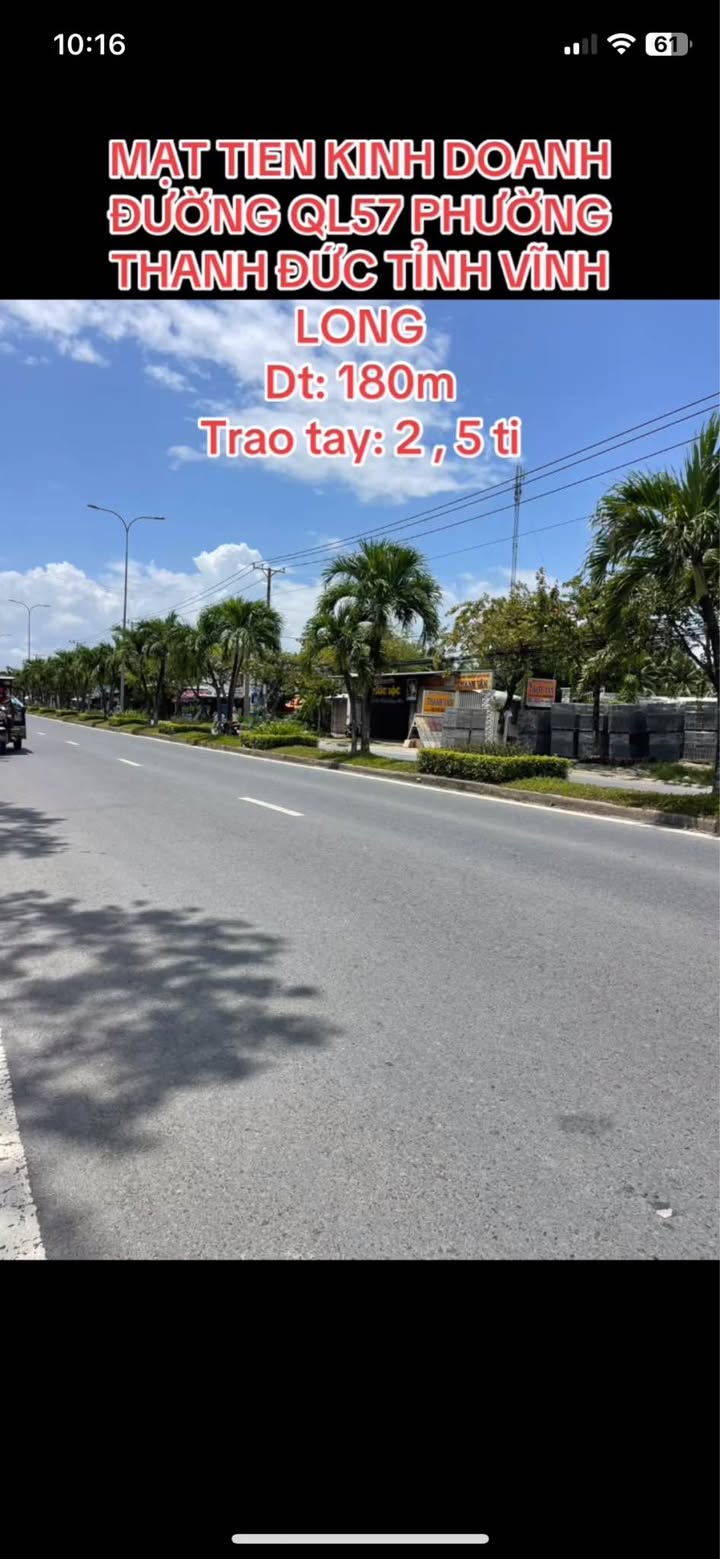 Đất nền QL57 Vĩnh Long 180m² 2.5 tỷ - Thổ cư 100%