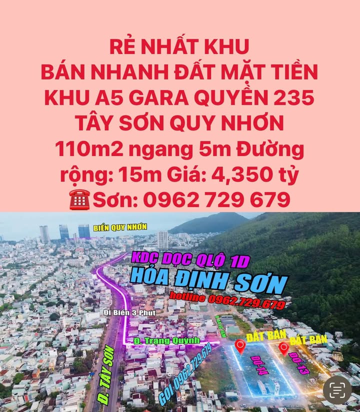 Đất mặt tiền Tây Sơn Quy Nhơn 110m² 4,35 tỷ - Đường to ô tô