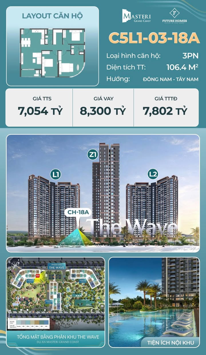 Căn hộ Masteri Grand Coast Đông Hội 106m² 7.054 tỷ - View đẹp