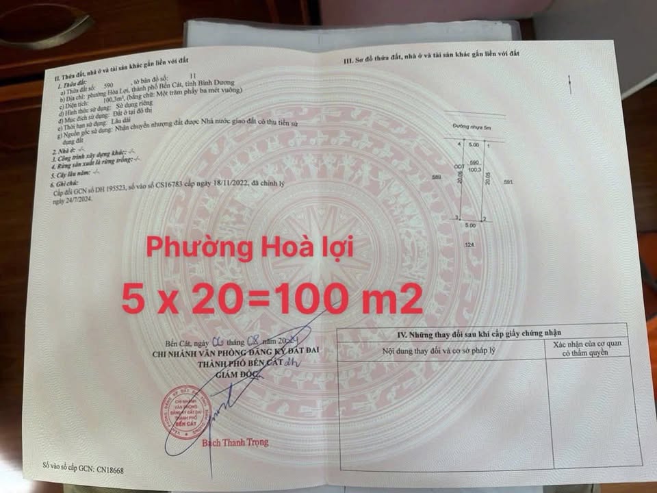 Đất nền Hòa Lợi Bến Cát 100m² 1.299 tỷ - Sổ đỏ chính chủ