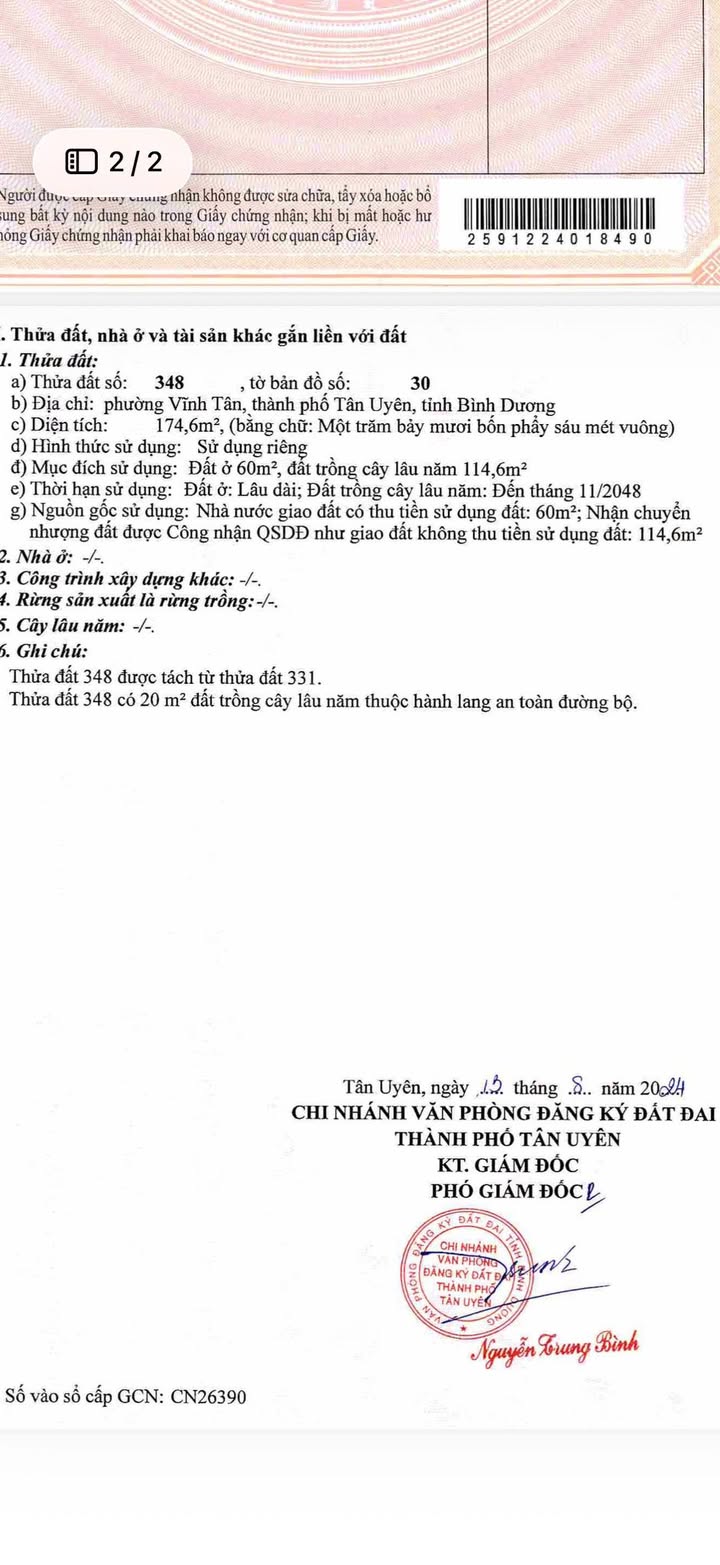 Đất nền Vĩnh Tân Tân Uyên 174m²/1.65 tỷ - Sổ đỏ chính chủ