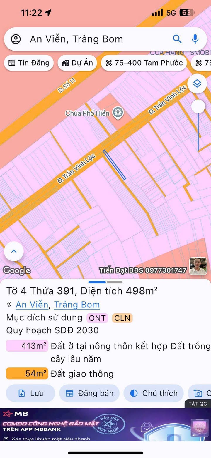 Đất Trần Vĩnh Lộc Trảng Bom 490m² 2.6 tỷ - Sổ đỏ chính chủ