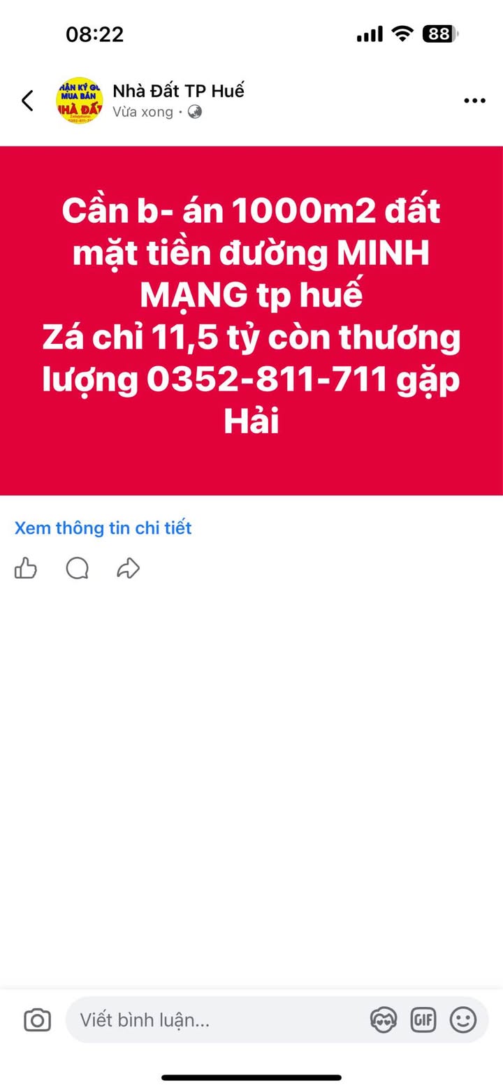 Đất nền Minh Mạng TP Huế 1000m²/11 tỷ - Sổ đỏ chính chủ