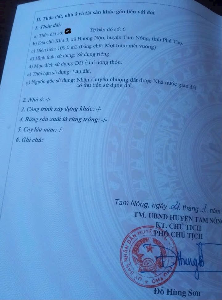 Đất thổ cư Hương Nộn Tam Nông 100m² giá thỏa - Sổ đỏ chính chủ