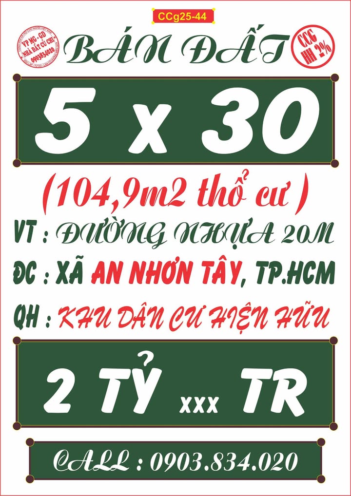 Đất nền An Nhơn Tây Củ Chi 104.9m² 2 tỷ - Chính chủ bán