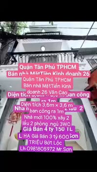 Nhà mặt tiền Văn Cao Tân Phú 12m² 3.6 tỷ - Chính chủ