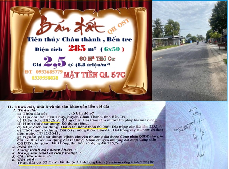 Bán Đất Mặt Tiền QL 57C Bến Tre 285m² - Sổ Đỏ Thổ Cư, Giá Tốt