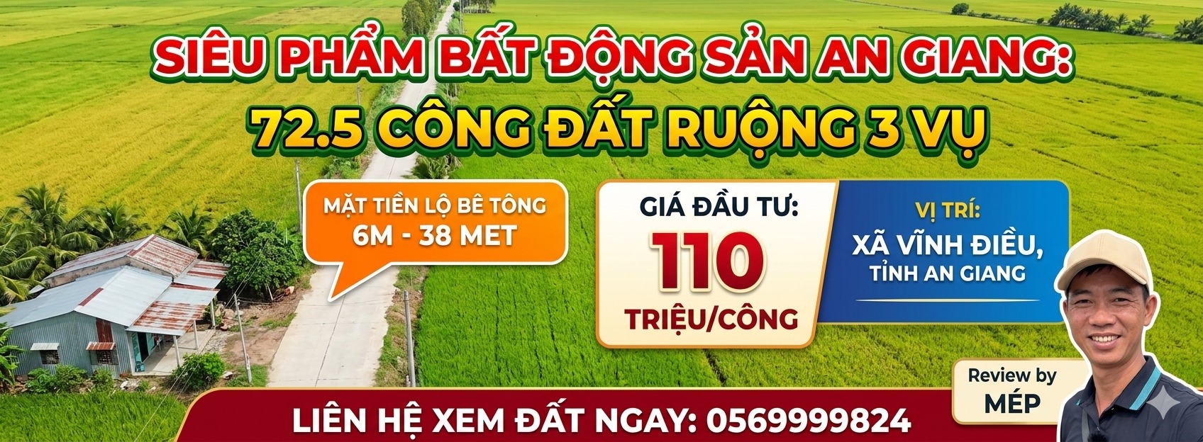 Đất ruộng Vĩnh Điều 72,5 công 7,975 tỷ - Sổ đỏ chính chủ