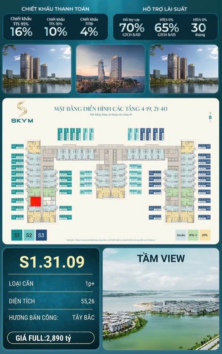 Căn hộ 1PN+1 SkyM Hạ Long 56m² - Giá CĐT 2.89 tỷ - View TTTĐ