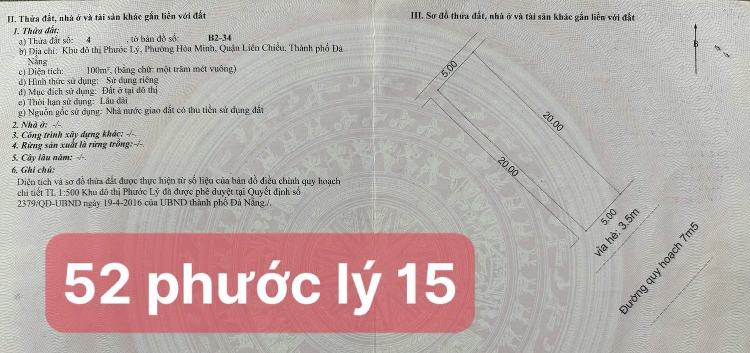 Đất nền Phước Lý 15, Đà Nẵng - 100m², Hướng Đông Nam, Giá 3.68 Tỷ
