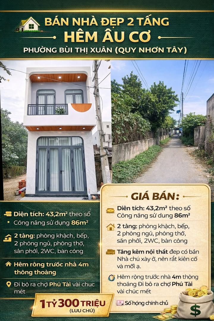 Nhà 2 Tầng Hẻm Âu Cơ, Quy Nhơn - 43.2m² Giá 1.3 Tỷ