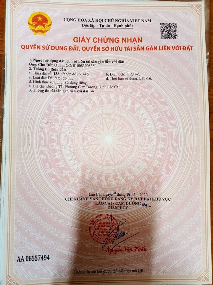 Đất nền Xuân Tăng Lào Cai 111m² 1.6 tỷ - Sổ đỏ chính chủ