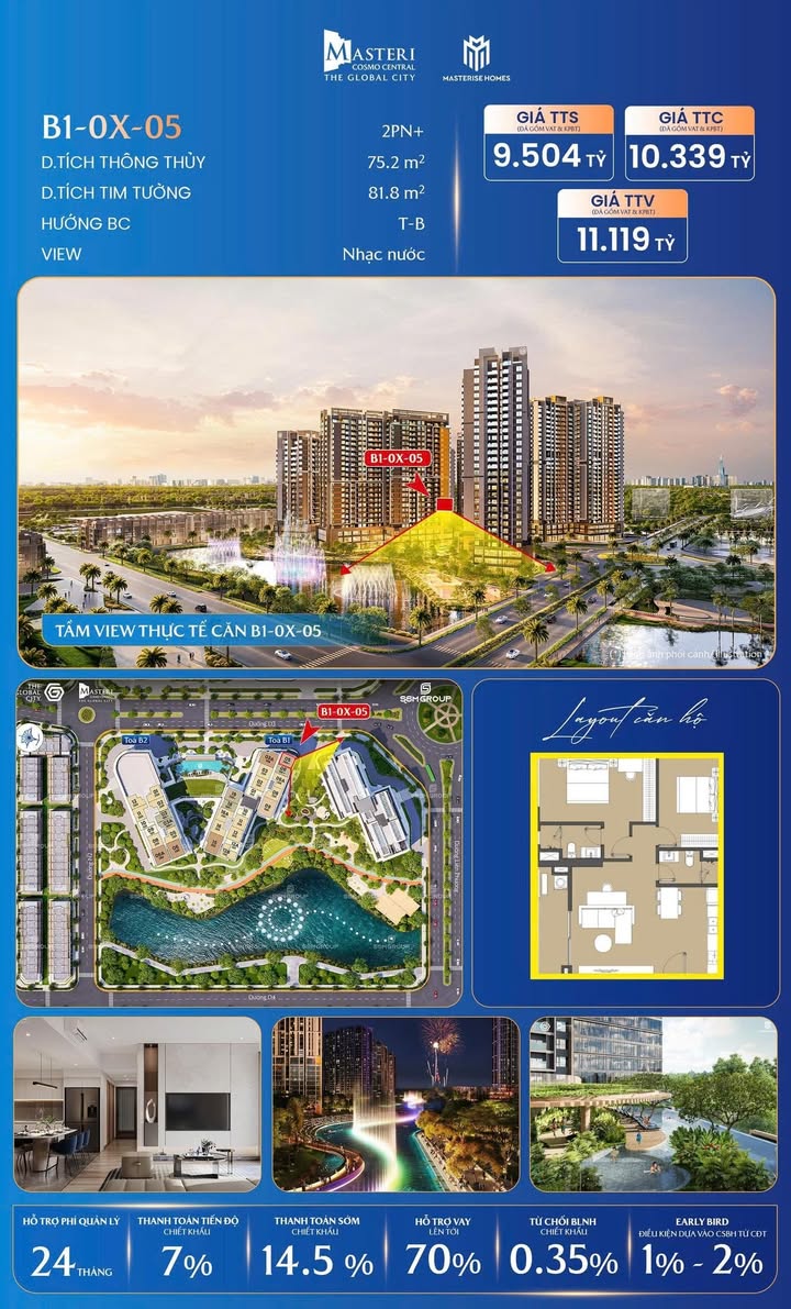 Căn hộ Masteri Cosmo Central 75.2m² 9.5 tỷ - View đẹp