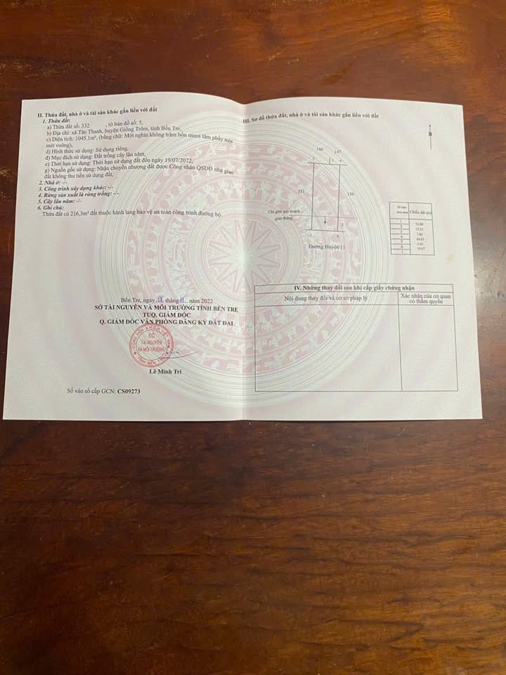 Đất nền mặt tiền xe tải 1045m² tại Giồng Trôm, Bến Tre - Giá 3 tỷ thương lượng