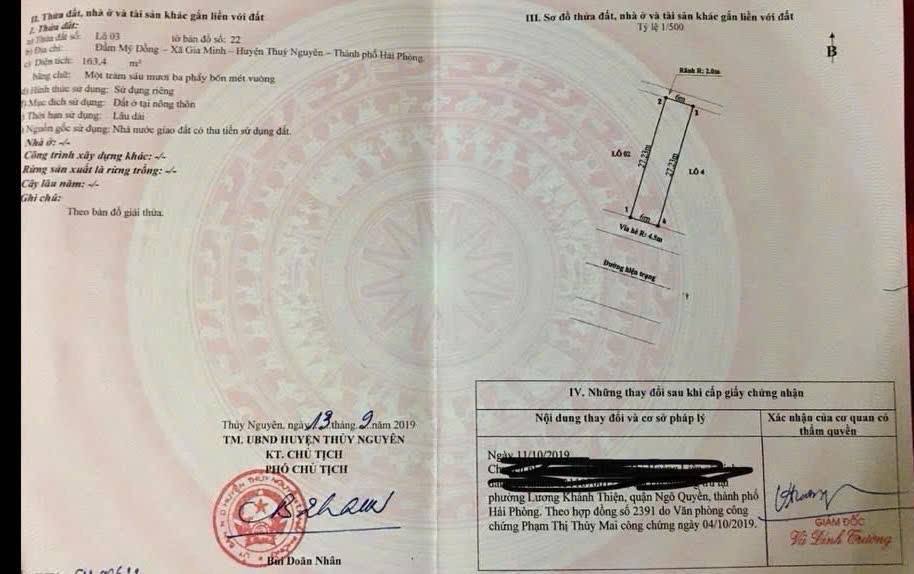 Bán đất nền Thủy Nguyên 163.4m² mặt đường lớn, view núi đẹp