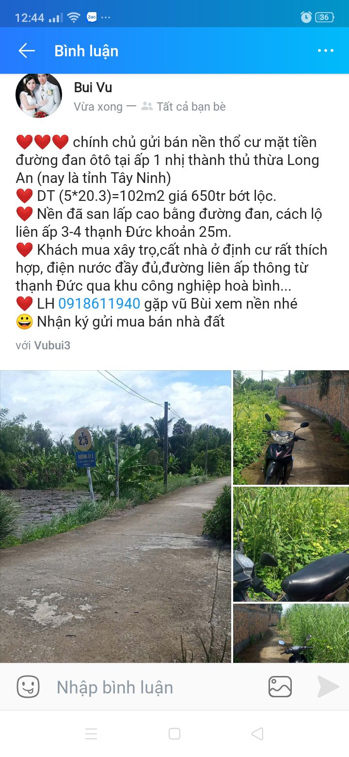 Đất thổ cư 102m² mặt tiền đường đan ô tô Nhị Thành, Thủ Thừa - Giá 650 triệu