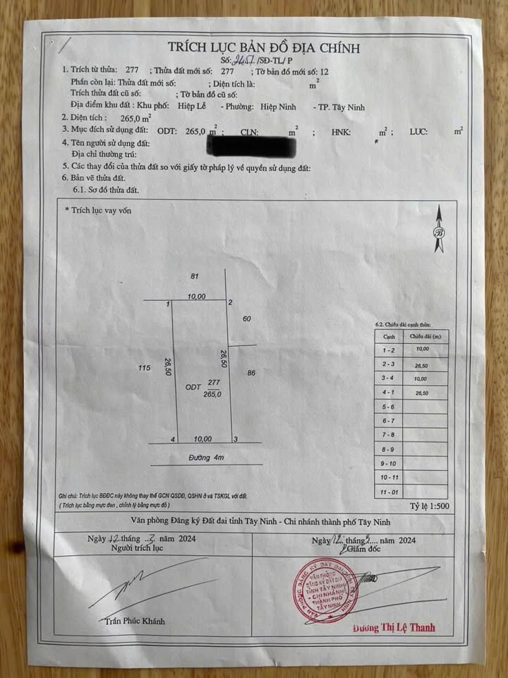 Đất Vàng 265m² Phường Hiệp Ninh, Tây Ninh - Sổ Hồng Thổ Cư, Giá Tốt