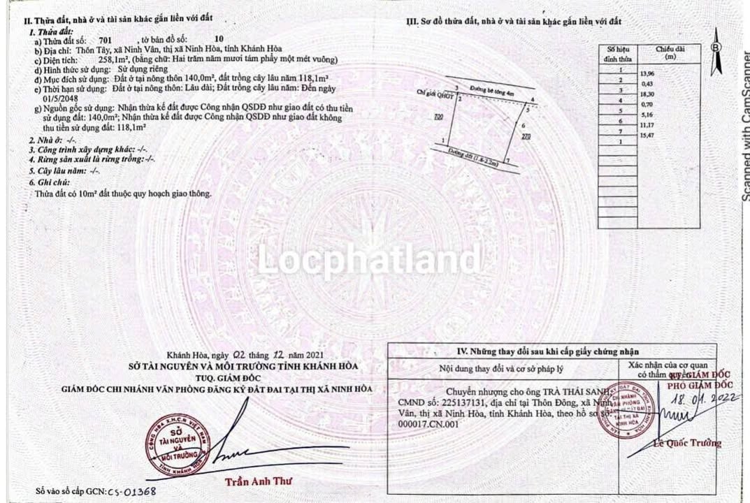 Đất thổ cư 2 mặt tiền Ninh Vân 258m² - 100m ra biển, 17tr/m²