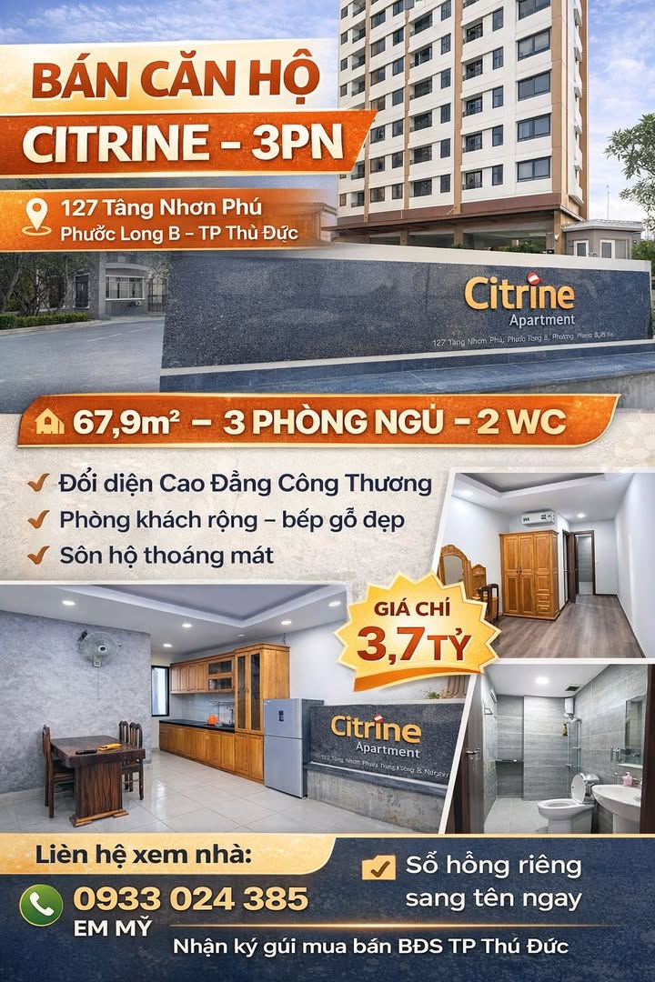 Căn hộ Citrine Thủ Đức 67.9m² 3PN - Sổ hồng riêng, sẵn sàng đón chủ mới