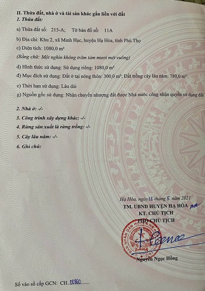 Bán Đất Nền Phú Thọ - 1080m² Thổ Cư - Giá Tốt Hạ Hòa