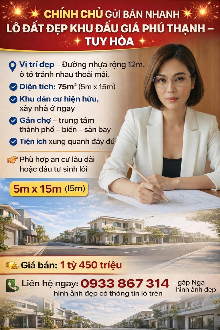 Đất nền Phú Thạnh Tuy Hòa 75m² 1,45 tỷ - Sổ đỏ chính chủ