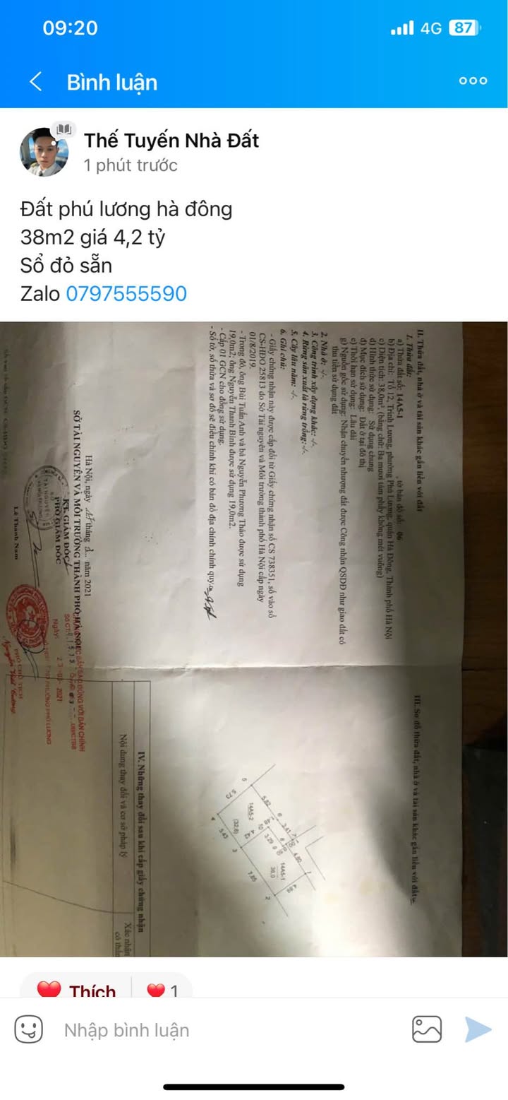 Đất Phú Lương Hà Đông 38m² 4,2 tỷ - Sổ đỏ chính chủ