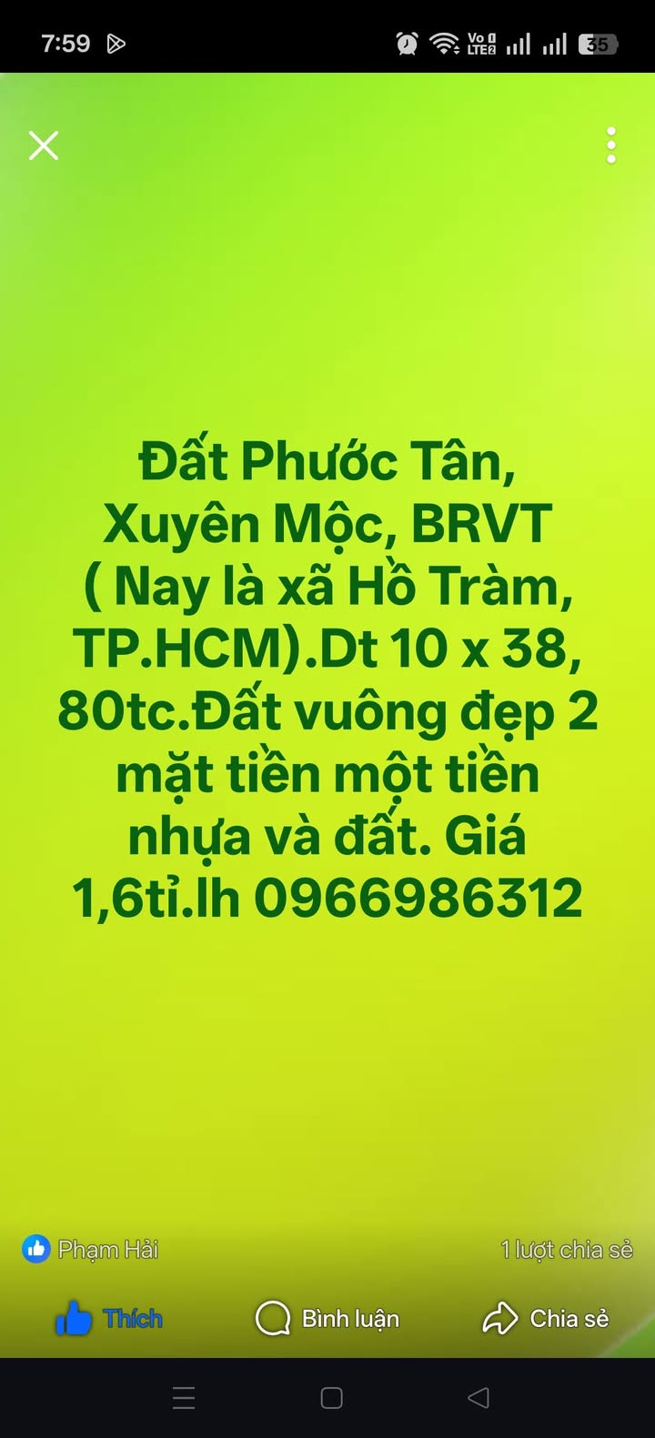 Bán Gấp Đất 380m² Mặt Tiền Nhựa Hồ Tràm - Giá Đầu Tư 1.6 Tỷ