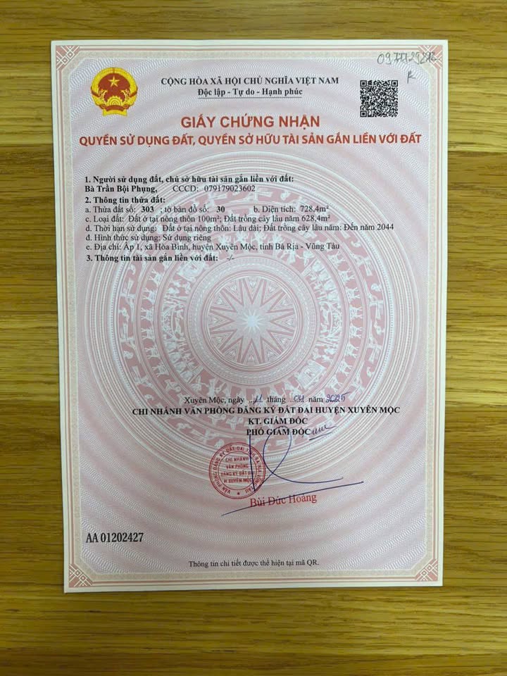 Đất nền góc 2 mặt tiền 728m² Hòa Bình, Xuyên Mộc - Sổ đỏ, tiềm năng tăng giá