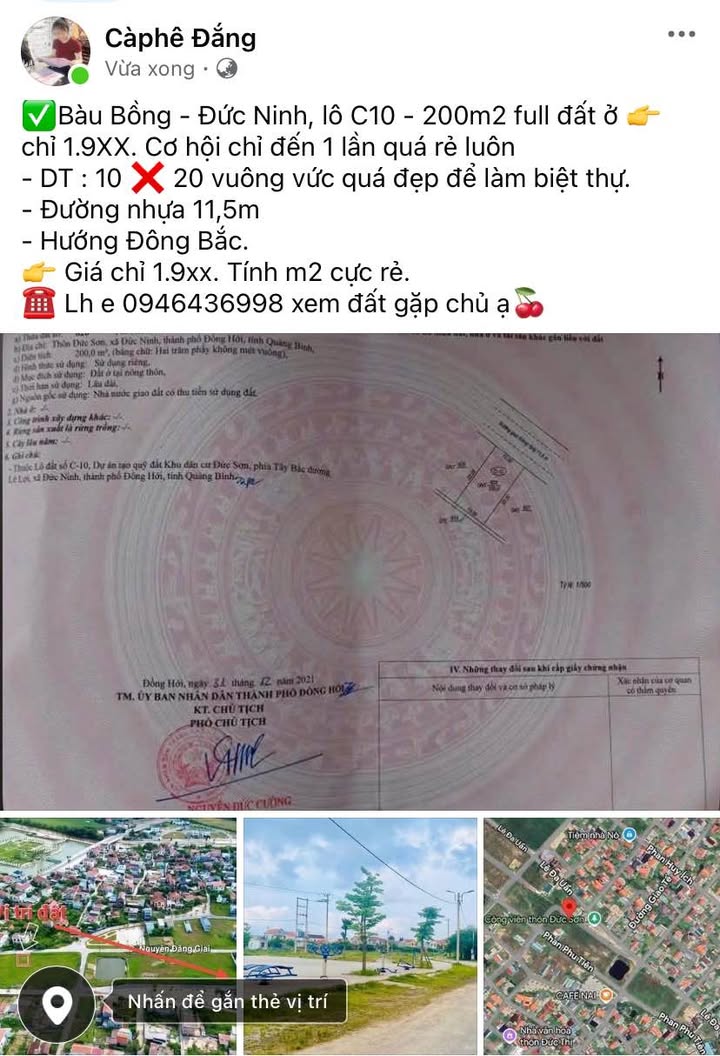 Đất nền Bàu Bồng - Đồng Hới 200m² Hướng Đông Bắc - Giá 1.9 Tỷ